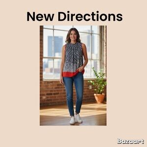 New Directions Navy and Red Sleeveless Geometric Print Top Size Large